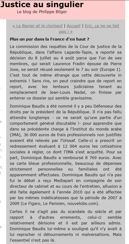 BAUDIS SARKOZY NO LONGER A PURE PERSON IN UPPER FRANCE-- FORMER MAGISTRATE RETIRED BLOGGER OPINION WIDELY SHARED IN FRANCE