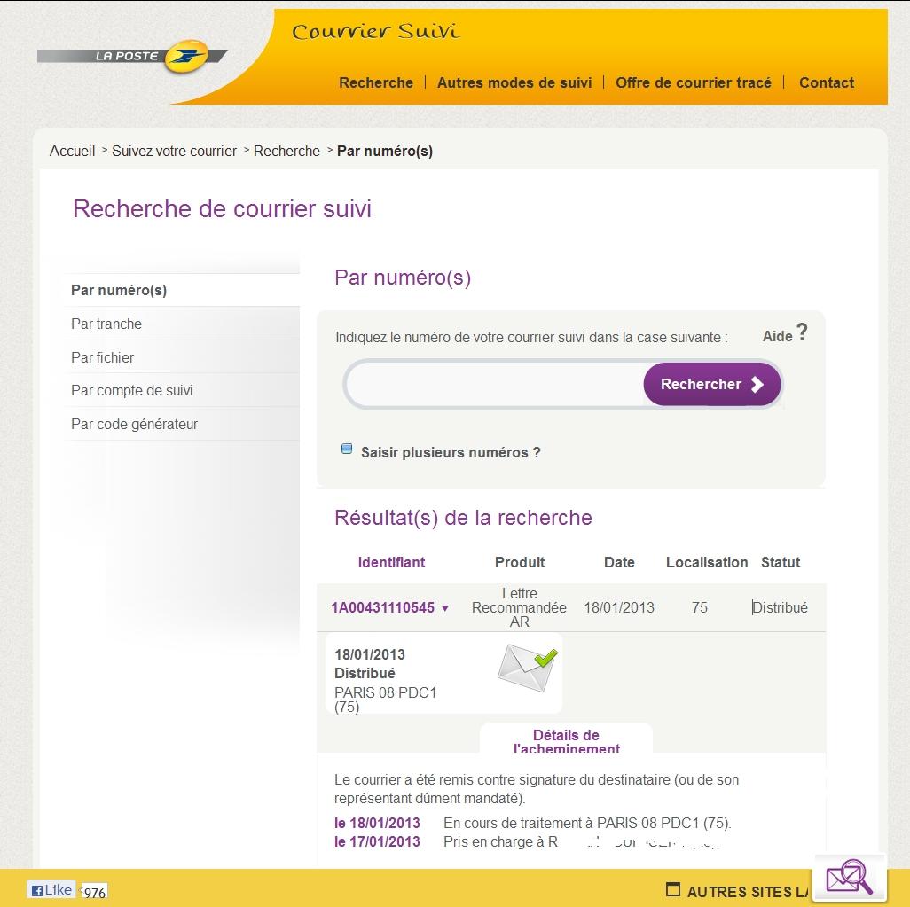 INTERNET TRACKING COUPON OF REGISTERED LETTER SEIZING FRENCH PRESIDENT HOLLANDE ON JAN 17- 2013